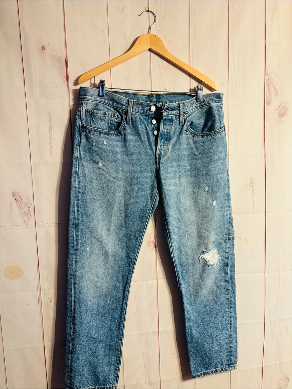 Levi's 501s Star Studded Light Blue Distressed Boyfriend Jeans | 30x28